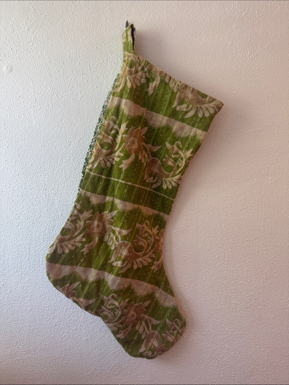 Handmade stocking from vintage Kantha quilt